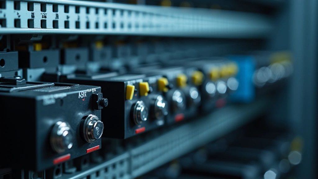 Professional electrical switch components in industrial control panel, metallic contacts visible, mounted on DIN rail, professional lighting, no text or logos visible