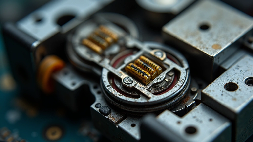 Close-up of switch mechanism showing internal contact materials and mechanical linkage, high detail, metallic surfaces, professional macro photography setup, no identifying marks