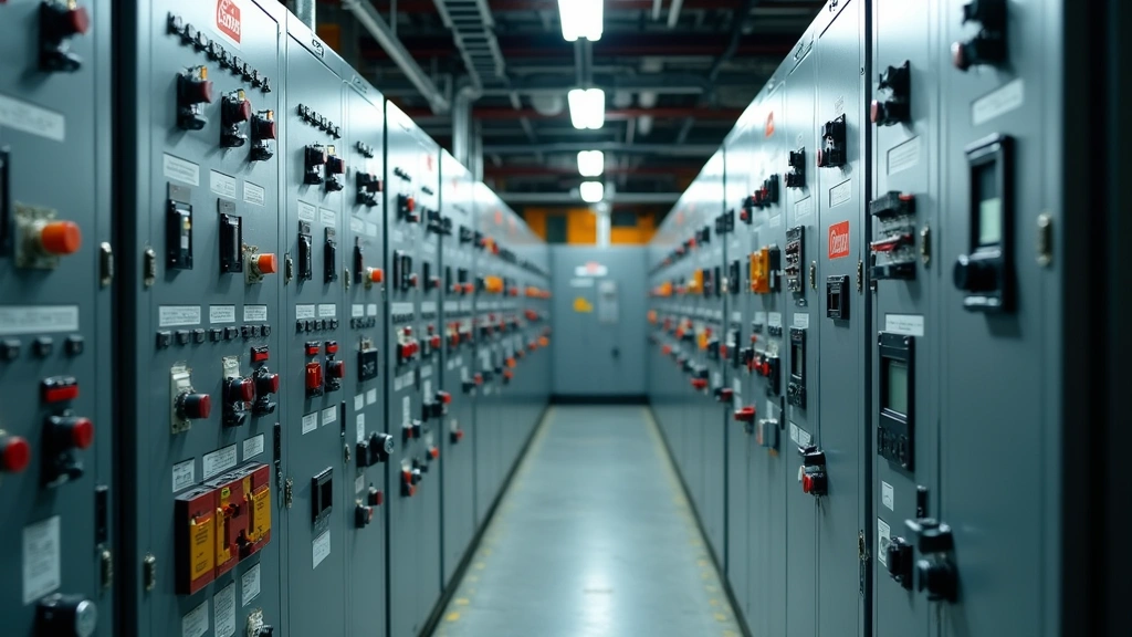 Industrial facility with multiple control cabinets containing electrical switches, organized wiring systems, professional installation environment, warm lighting, no brand logos or text visible