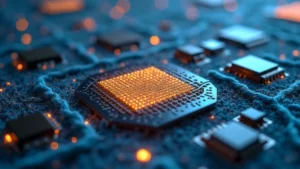 Close-up of embedded smart sensors woven into carpet fibers, showing intricate conductive threads and microelectronic components integrated throughout textile material, professional laboratory lighting, high detail