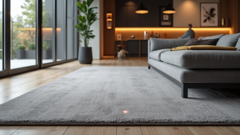Modern living room with installed smart carpet flooring system, clean minimalist design, showing subtle sensor indicators, warm ambient lighting, no people visible, professional interior setting