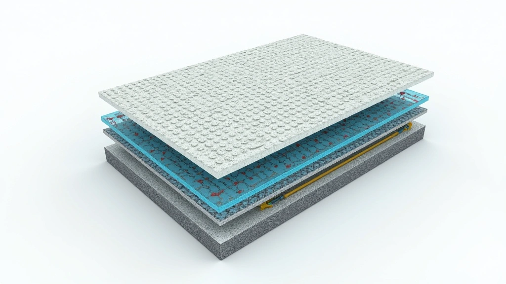 Technical cross-section diagram visualization of layered smart carpet technology, showing sensor array, waterproof barriers, conductive fibers, and structural support layers in isometric perspective