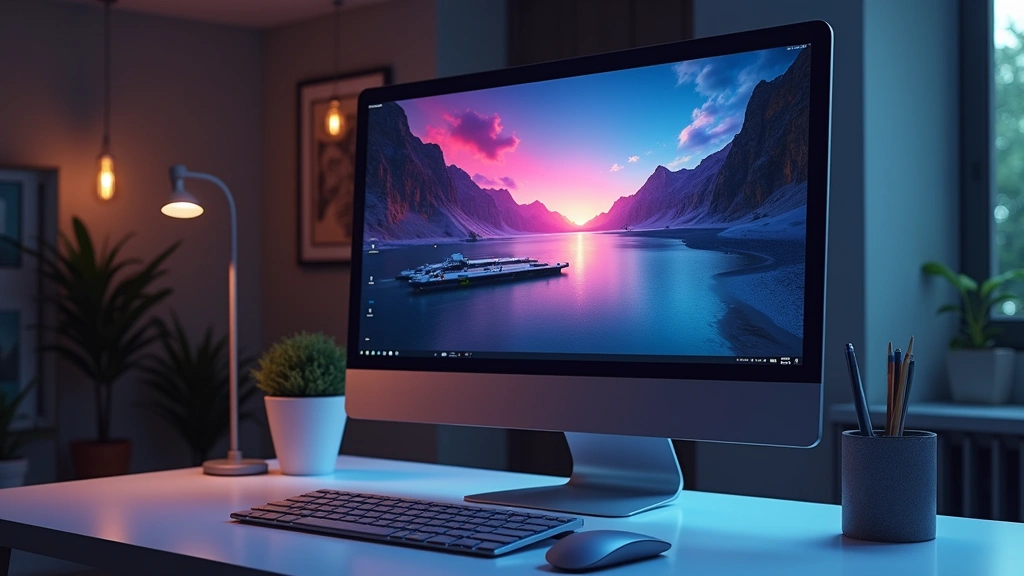 Professional tech workspace with sleek silver computing device displaying vibrant interface, ambient lighting, minimalist desk setup, photorealistic product photography