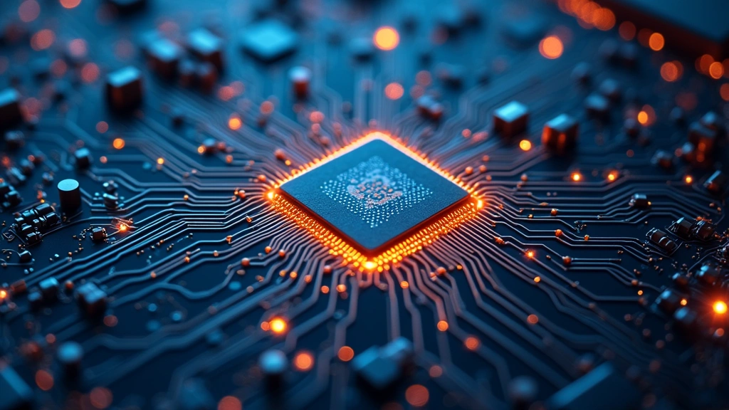 Intricate circuit board patterns with glowing processor cores, advanced technology manufacturing detail, microscopic precision engineering, tech innovation visualization
