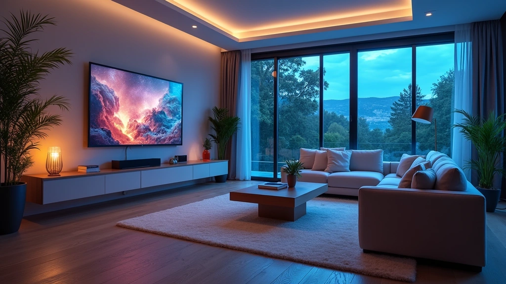 Smart home ecosystem with interconnected devices, modern living room integration, ambient intelligent lighting, wireless connectivity visualization, contemporary tech environment