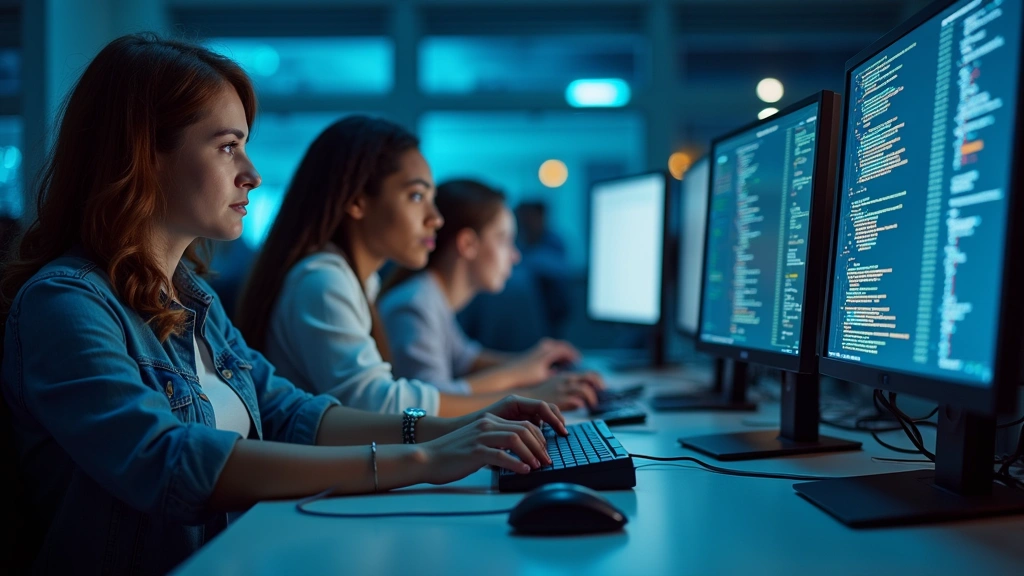 Professional setting showing diverse students working at computer workstations with multiple monitors, typing code and analyzing data on screens, modern tech lab environment with professional lighting