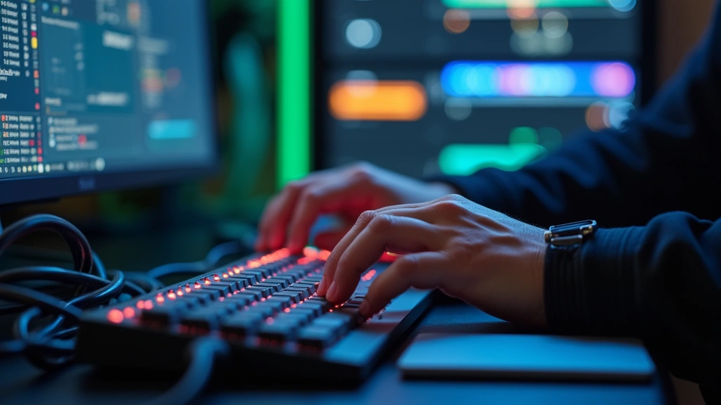 Close-up of hands on mechanical keyboard during network configuration work, with networking cables and server equipment visible in soft focus background, professional IT workspace