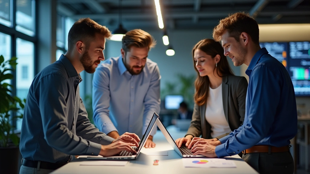 Group of young professionals in business casual attire collaborating around a standing desk with laptops and technical documentation, modern office environment with technology displays