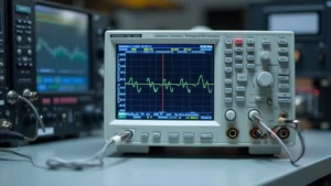 Professional oscilloscope with digital display showing waveform, metallic probe attached, on clean workbench with other test equipment blurred in background