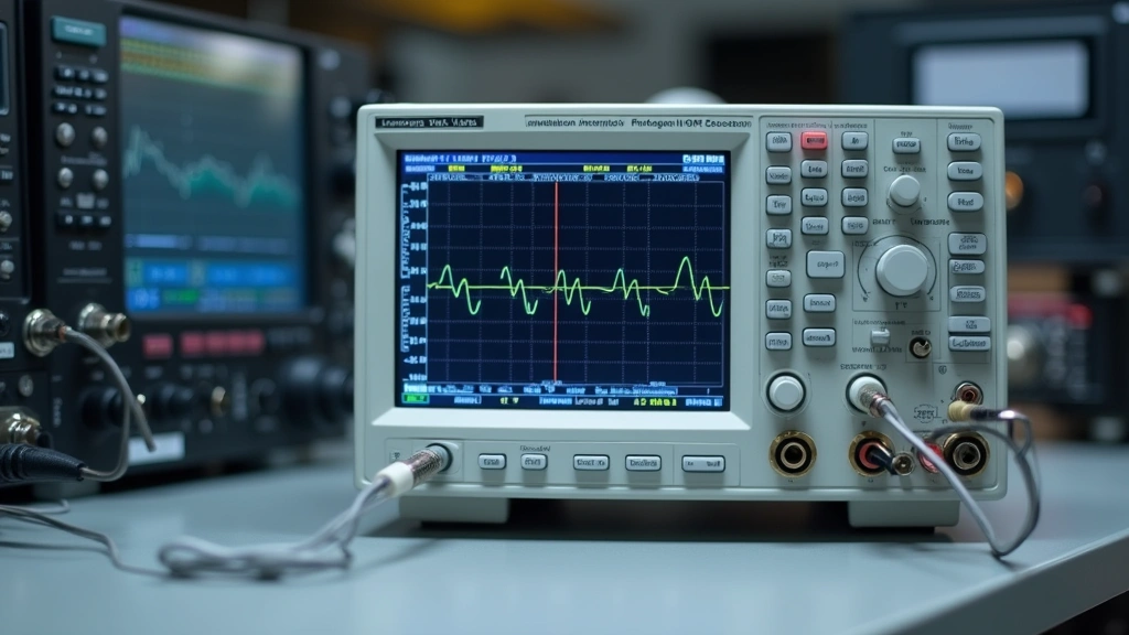 Professional oscilloscope with digital display showing waveform, metallic probe attached, on clean workbench with other test equipment blurred in background