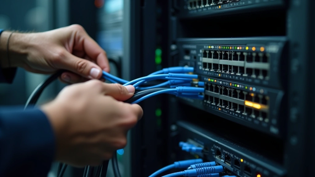 Hands holding network cable being inserted into managed switch port with indicator lights visible, fiber optic cables coiled nearby on server rack