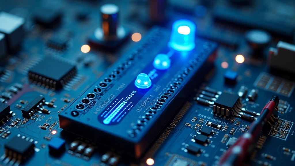 Array of IoT sensors and microcontroller boards arranged on circuit board, temperature and humidity sensors with connecting wires, blue LED indicators active