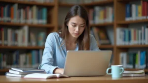 Professional student studying on laptop in modern library with natural lighting, focused expression, surrounded by textbooks and coffee cup on wooden desk, shallow depth of field