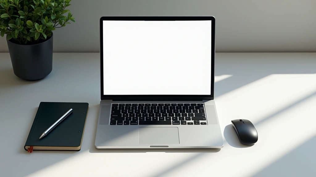 Flat lay of premium aluminum laptop open showing bright display, wireless mouse, notebook, and pen arranged artistically on minimalist desk workspace with soft shadows