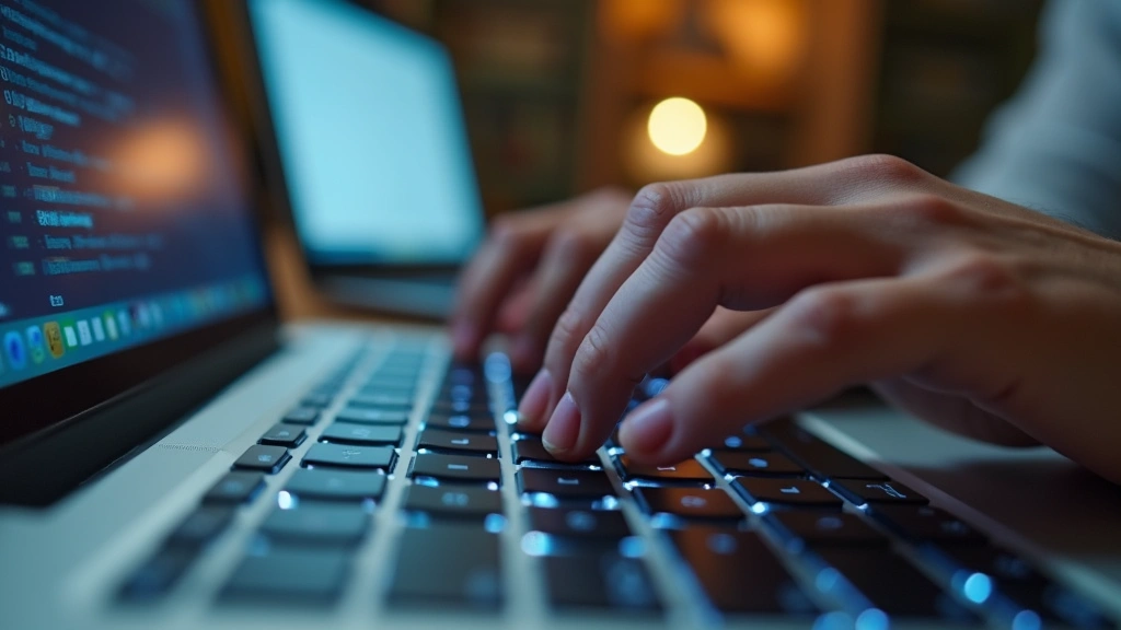 Close-up of laptop keyboard with hands typing, showing mechanical keys with backlighting, shallow focus on fingers with blurred background of study environment