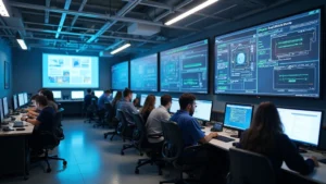 Modern tech center laboratory with multiple computer workstations, professional networking equipment, and collaborative workspace setup with students working on technical projects