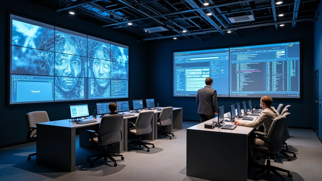 Contemporary classroom featuring large display screens, comfortable seating arrangements, and visible tech infrastructure including servers and networking hardware for hands-on learning