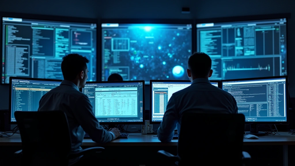 Professional cybersecurity operations center (SOC) with multiple monitor displays, dark ambient lighting, and technicians monitoring network security systems in real-time environment