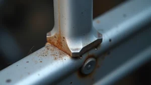 Close-up macro photography of aluminum frame welded joint with gusset reinforcement plate showing precision welding beads and metallic surface texture