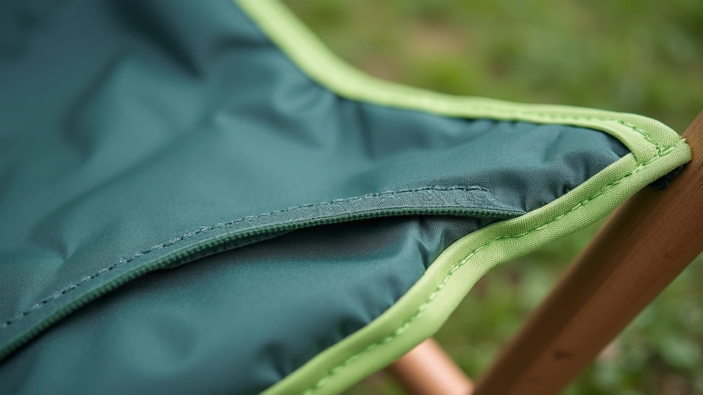 Detailed view of reinforced double-stitched polyester fabric seam with visible thread pattern and overlapping fabric panels on camping chair material
