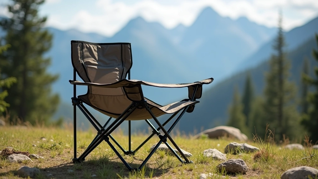 Outdoor camping chair fully assembled in natural environment with mountains or forest backdrop showing complete chair structure, armrests, reclined backrest position