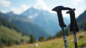 Lightweight aluminum trekking poles extended against mountain landscape, showing tapered shaft and carbide tip detail in natural daylight, close-up of construction quality