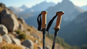 Professional trekking poles with aluminum shaft and cork grip resting against rocky mountain landscape, sunlit detail showing carbide tip and wrist strap components
