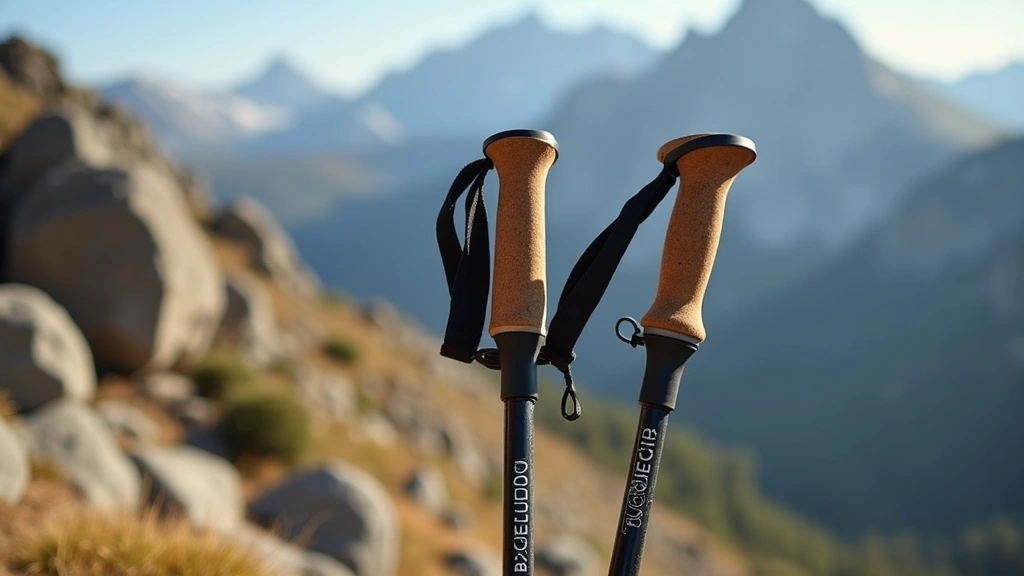 Professional trekking poles with aluminum shaft and cork grip resting against rocky mountain landscape, sunlit detail showing carbide tip and wrist strap components