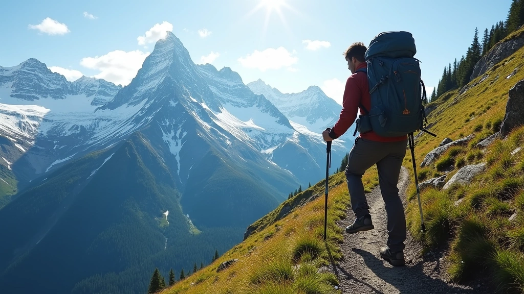 Hiker wearing backpack using Cascade trekking poles ascending steep mountain trail with dramatic alpine scenery and snow-capped peaks in background