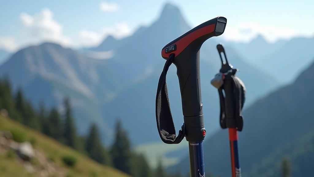 Close-up detail of trekking pole shock-absorption mechanism and twist-lock collar system with mountain vista blurred behind, showcasing technical engineering