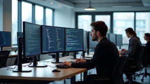 Modern tech academy classroom with students collaborating at standing desks with multiple monitors, natural lighting from large windows, professional coding environment with colorful syntax highlighting visible on screens