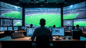 Professional sports stadium control room with multiple large monitors displaying live 4K camera feeds, real-time game statistics, graphics overlays, and broadcast equipment. Operators managing live football game transmission with technical precision. Modern broadcasting infrastructure visible with fiber-optic connections and digital audio workstations. Professional lighting and ergonomic control panels.