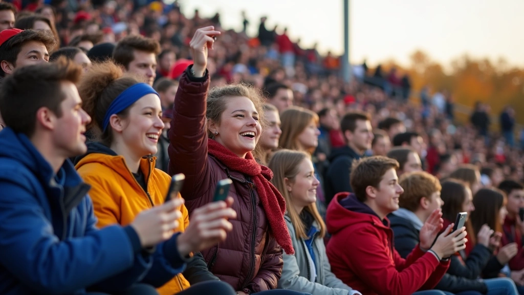 Crowded high school football stadium bleachers packed with enthusiastic fans of diverse ages wearing school colors, many holding smartphones and taking photos. Genuine excitement and community energy visible. LED scoreboard visible in background. Autumn evening lighting. Real crowd engagement moment captured.