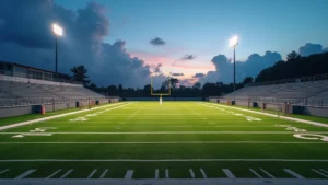 Professional high school football stadium field with yard lines and goalposts, evening lighting, empty bleachers and field, photorealistic perspective from sideline