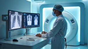 Professional CT scan technologist in sterile medical imaging room operating advanced computed tomography scanner equipment with multiple monitors displaying patient scans, wearing protective lead apron and focused on diagnostic imaging work