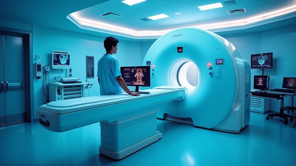 Modern CT scanner in hospital imaging department with technologist at control console, professional medical setting with blue lighting, high-tech medical equipment