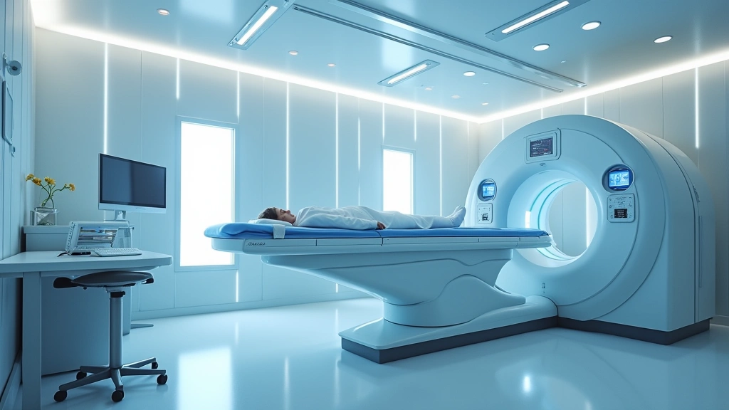 CT scanning room with patient bed and gantry equipment, clinical environment showing advanced diagnostic imaging technology, professional healthcare facility