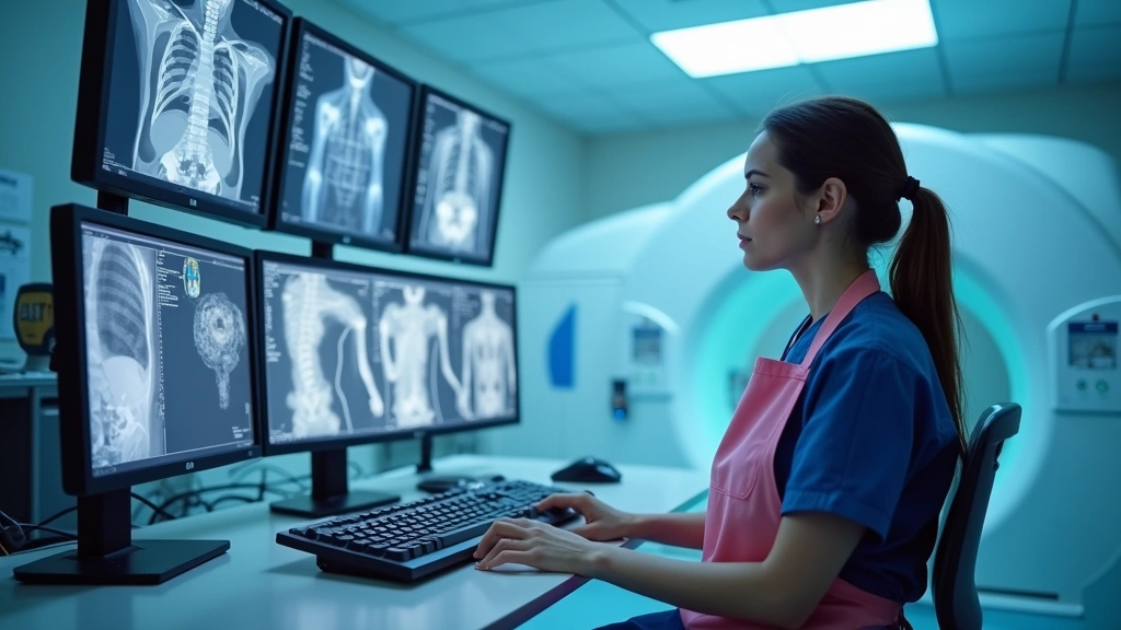 Radiologic technologist wearing protective lead apron monitoring CT imaging procedure, focused professional in modern imaging control room with multiple monitors
