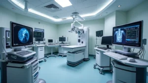 High-tech cardiac catheterization laboratory suite with flat-panel imaging system, hemodynamic monitors, and interventional equipment displayed on modern medical workstations