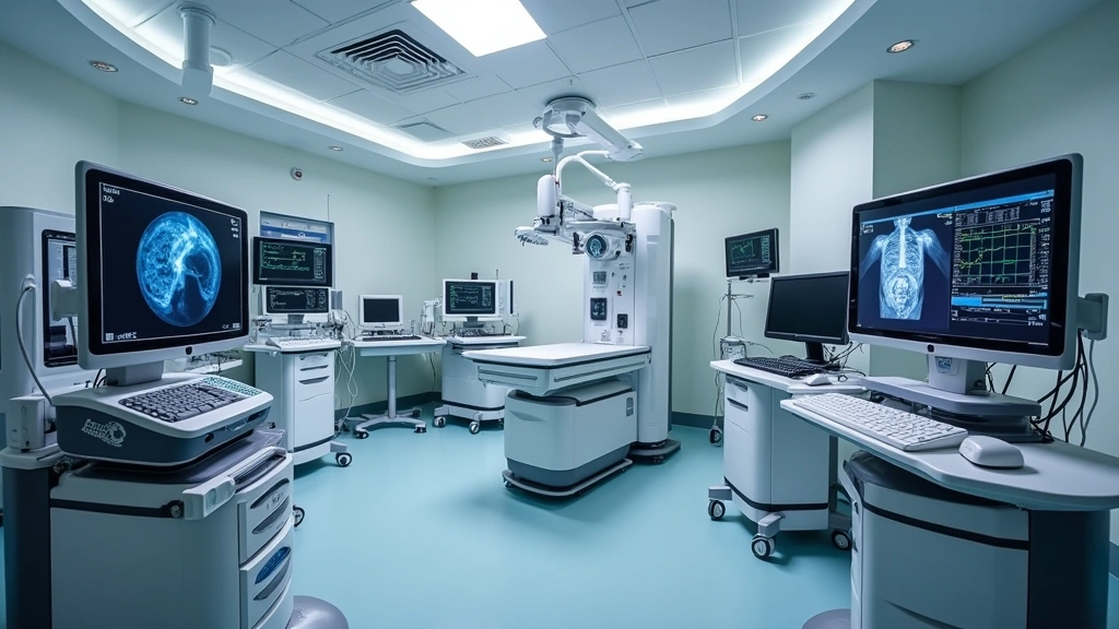 High-tech cardiac catheterization laboratory suite with flat-panel imaging system, hemodynamic monitors, and interventional equipment displayed on modern medical workstations