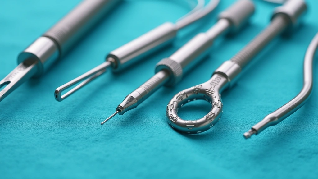 Close-up of advanced coronary guidewires and stent devices with sophisticated designs, showing modern interventional cardiology tools arranged on sterile field