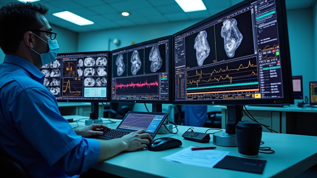 Modern cath lab control room featuring multiple display screens showing angiographic imaging, hemodynamic waveforms, and real-time procedural data analytics