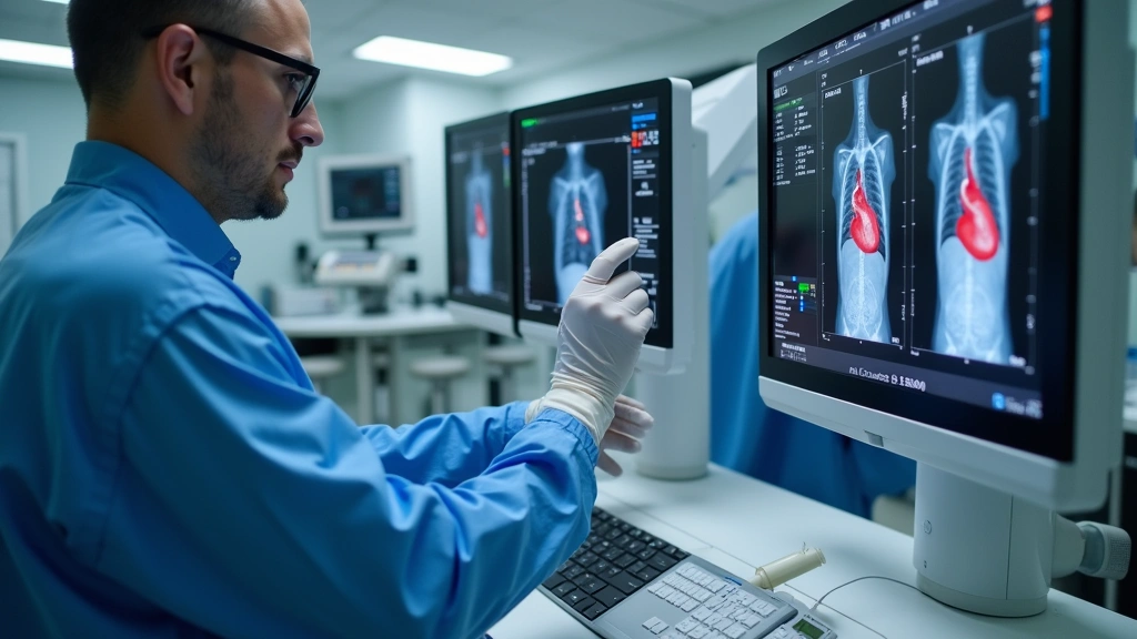 Close-up of cardiovascular technologist adjusting fluoroscopy imaging equipment in a modern catheterization laboratory, wearing protective lead apron and gloves, with monitors displaying cardiac data in the background