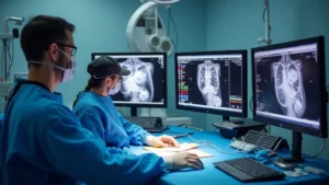 Cardiac catheterization laboratory with sophisticated fluoroscopy equipment, monitor displays showing hemodynamic waveforms, technologist in sterile protective gear operating advanced imaging systems during minimally invasive heart procedure