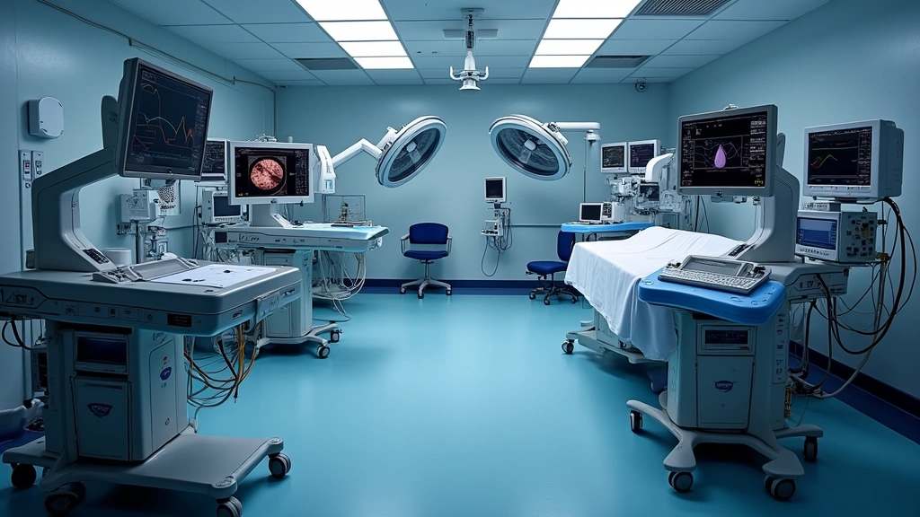 Advanced cardiac intervention equipment including angiography systems and hemodynamic monitoring displays in a state-of-the-art hospital cath lab environment