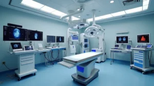 Modern cardiac catheterization laboratory showing fluoroscopy equipment, hemodynamic monitoring displays, and sterile procedure setup with advanced cardiovascular imaging technology