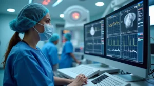 Professional cardiac catheterization lab technician wearing surgical attire and protective equipment, operating advanced hemodynamic monitoring equipment with multiple screens displaying patient data and waveforms, modern hospital setting with sophisticated imaging technology visible in background