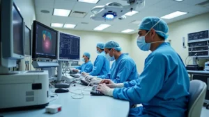 Modern catheterization laboratory with advanced cardiac monitoring equipment, fluoroscopy systems, and hemodynamic measurement devices in a hospital setting, technologists in sterile attire working at control stations