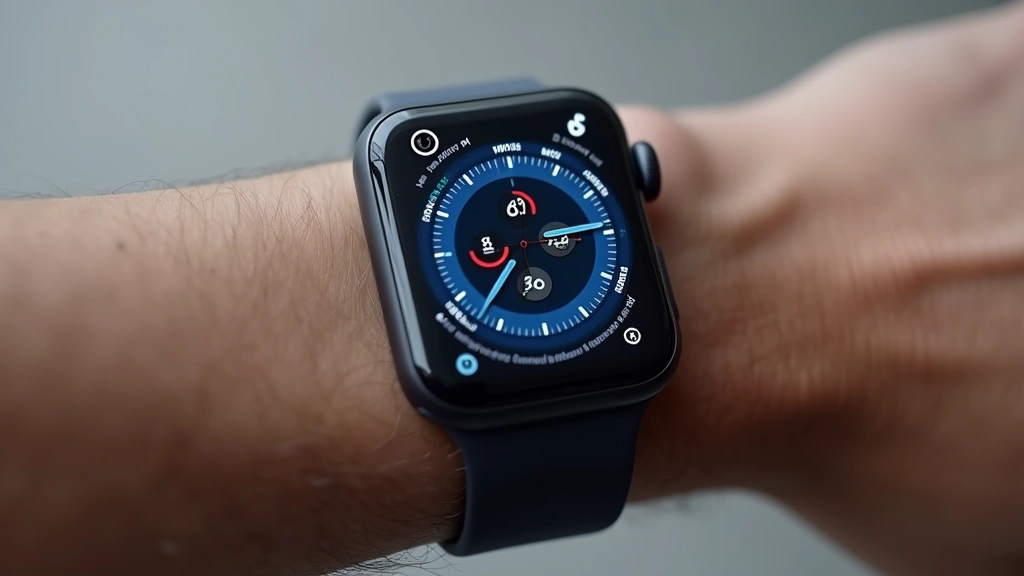 Close-up of Apple Watch Series 9 wrist display showing health metrics dashboard with blue OLED screen against neutral background, photorealistic product photography