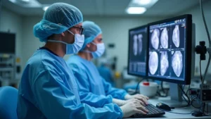 Physician and technologist in sterile catheterization laboratory operating fluoroscopic imaging equipment during cardiac procedure, both wearing protective equipment and focused on monitors displaying cardiovascular imaging data